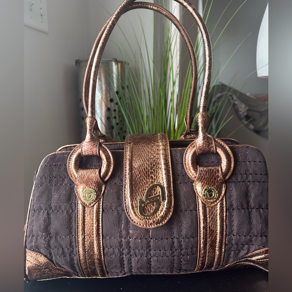 Byblos Brown and Bronze Satchel. Vintage snake print faux leather.